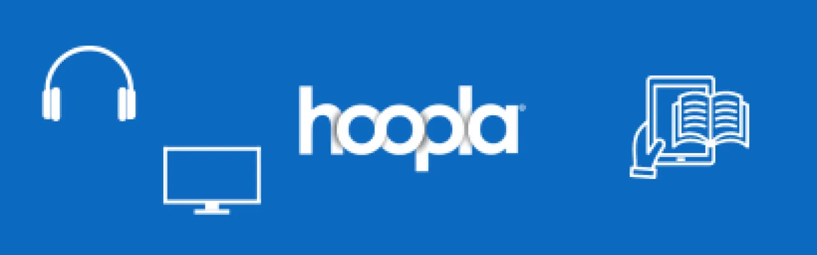 Hoopla app logo featuring images of headphones, a computer screen, and an ereader